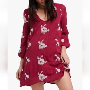 Free People Emma Boho Floral Embroidered Mini Dress Size Small Burgundy